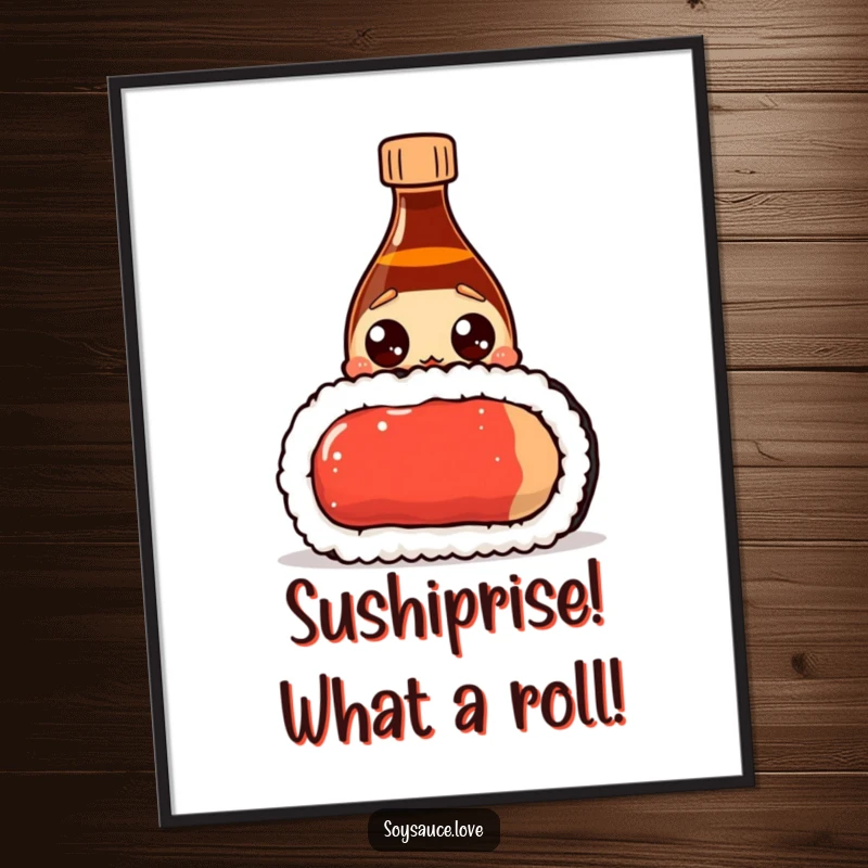 Funny Free Printable Wall Art: A surprised soy sauce bottle with wide eyes peeking over a colossal sushi roll, creating amusement.