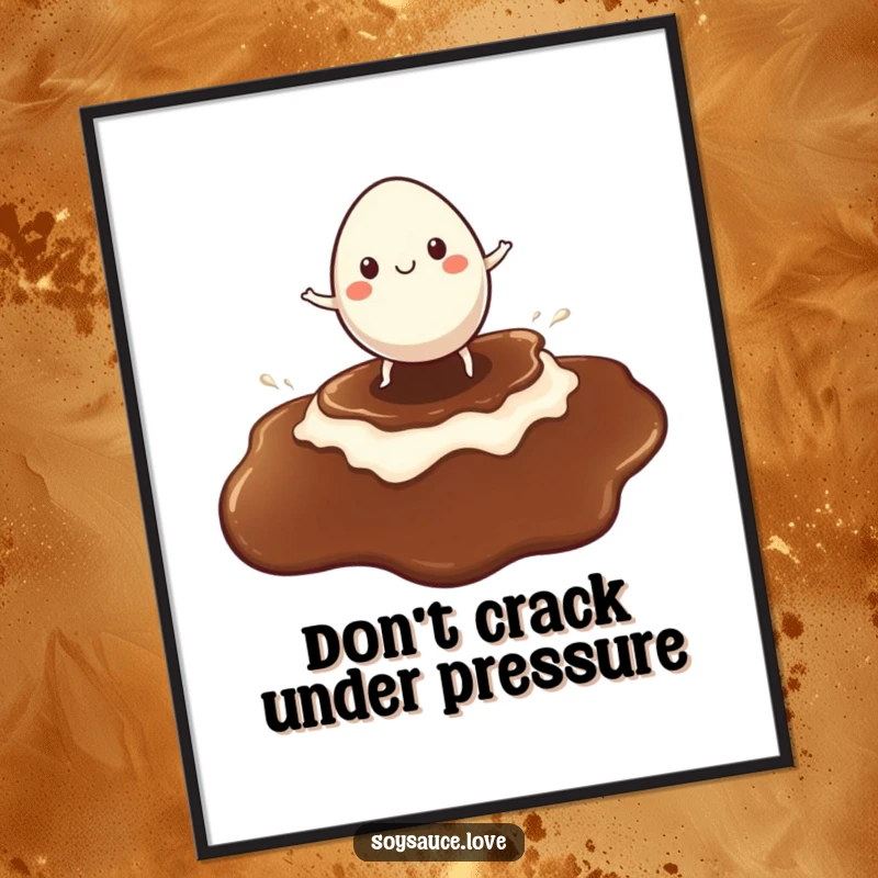 Funny Free Printable Wall Art depicting a cheerful egg character bravely surfing on a giant puddle of soy sauce.