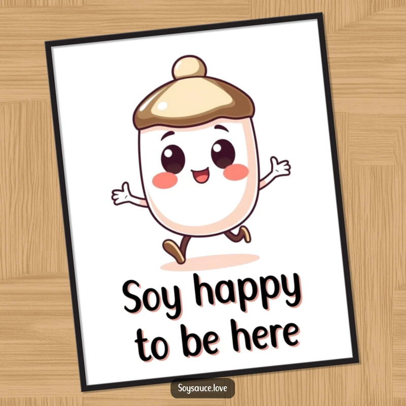 Funny Free Printable Wall Art: An anthropomorphic soy sauce cap with big, beaming eyes, captured in a cheerful, energetic little hop.