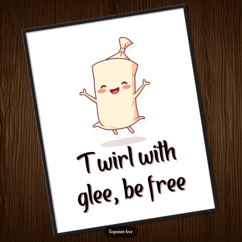 Funny Free Printable Wall Art depicting a smiling wonton wrapper character doing an exuberant twirl with pure joy.