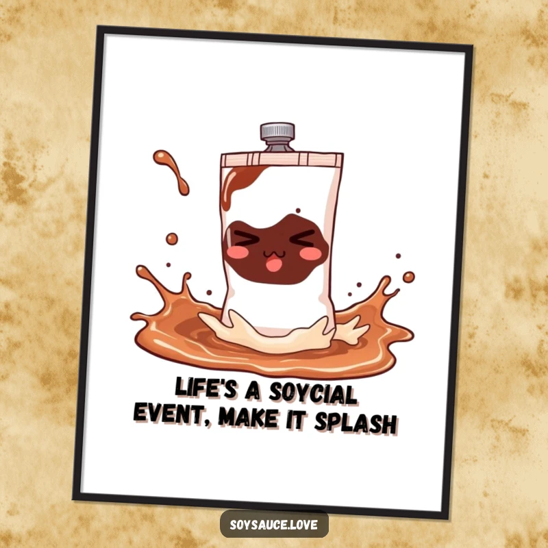 Funny Free Printable Wall Art: A comical soy sauce sachet captured in a playful splash, adding whimsical decor to any room.