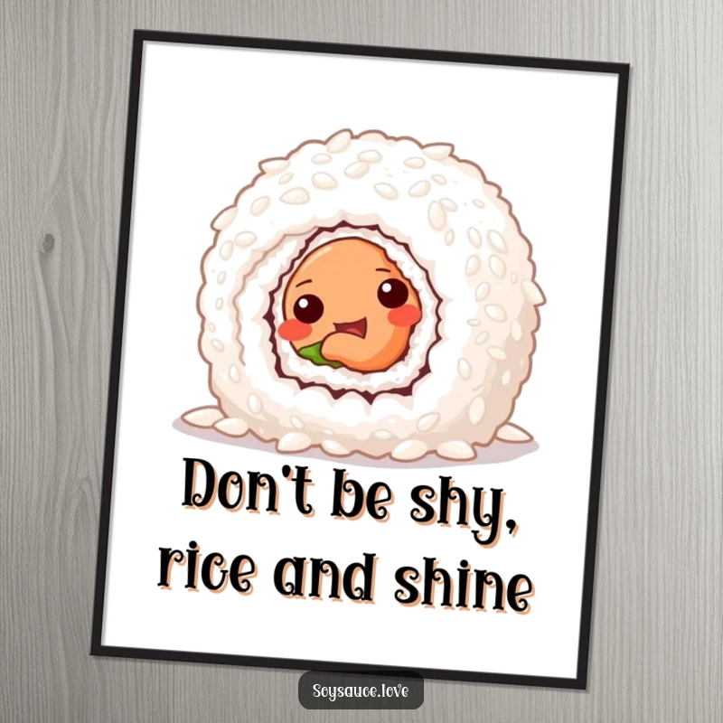 Funny Free Printable Wall Art showcasing a mischievous sushi roll peeking from behind a large grain of rice, adding playful charm.