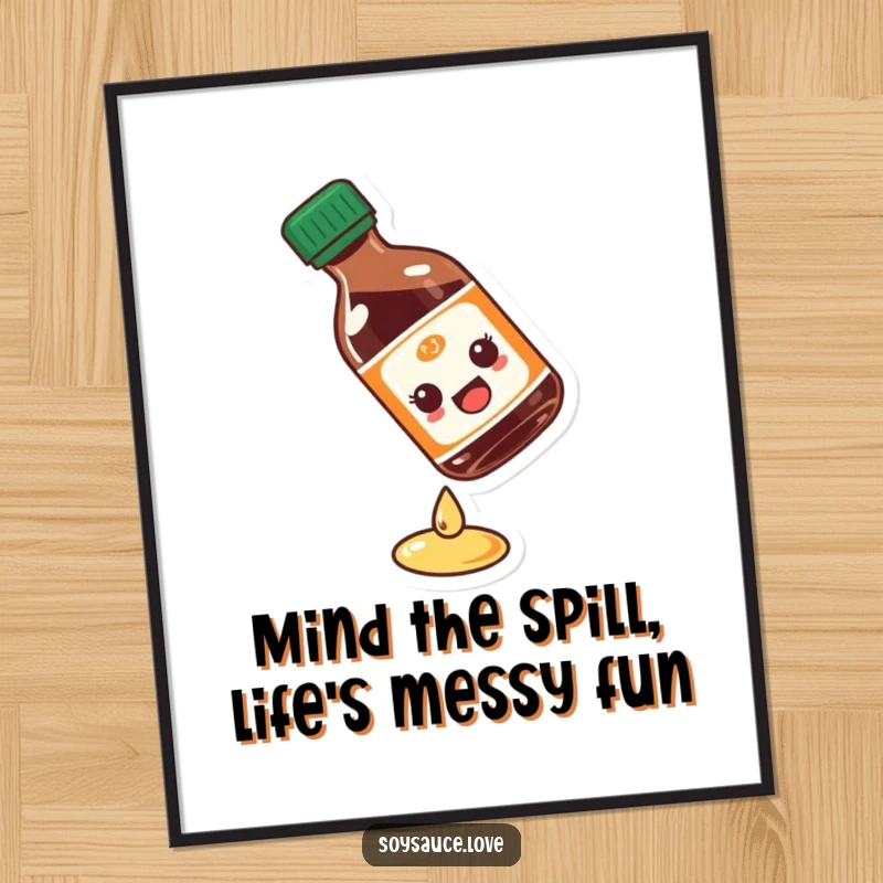 Funny Free Printable Wall Art: A soy sauce bottle comically slipping on a wet spot, creating a humorous and eye-catching decor piece.