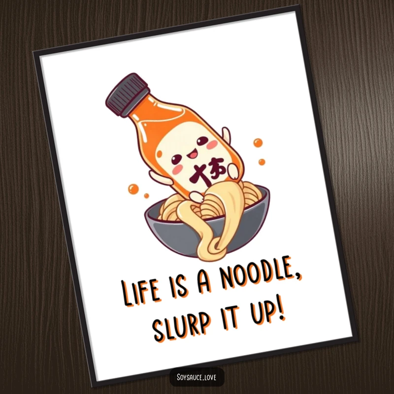 Funny Free Printable Wall Art: A soy sauce bottle hilariously sliding down a long noodle, capturing a moment of pure culinary adventure.