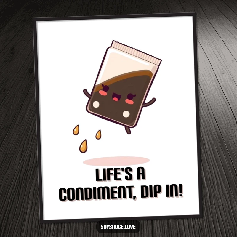 Funny Free Printable Wall Art: A kawaii soy sauce packet mid-cartwheel, exuding playful energy and a trail of droplets, vibrant and fun.