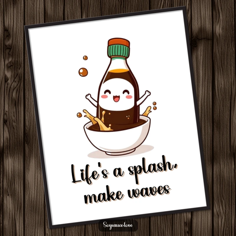 Funny Free Printable Wall Art depicting a Kawaii soy sauce bottle character gleefully splashing into a small bowl, creating a dynamic scene.
