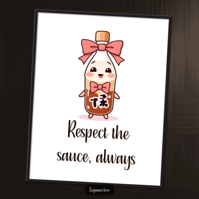 Funny Free Printable Wall Art: A soy sauce bottle in the middle of an extremely deep and comical bow, radiating politeness and humor.
