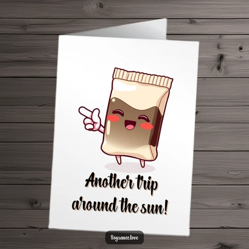 Funny Free Printable Birthday Card: A giggling kawaii soy sauce packet pointing enthusiastically with an excited flourish, spreading birthday cheer.