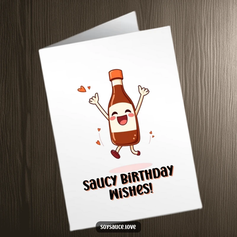 Funny Free Printable Birthday Card: A joyful soy sauce bottle leaps in the air, happily dripping, celebrating a birthday with zest.