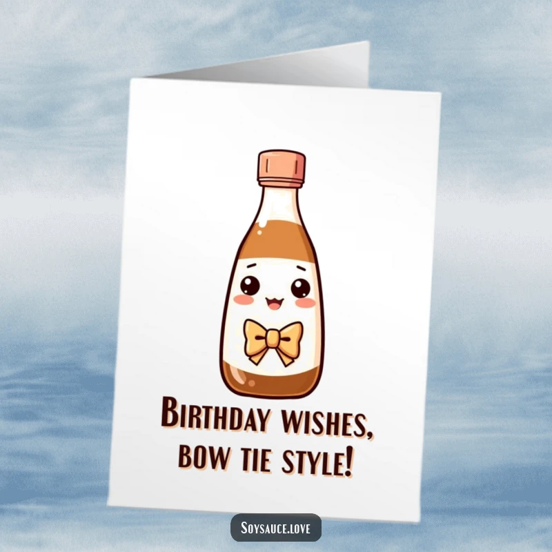 Funny Free Printable Birthday Card: Kawaii soy sauce bottle in a bow tie elegantly doing a bow, offering formal birthday wishes.
