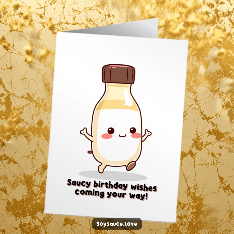 Funny Free Printable Birthday Card: A kawaii soy sauce bottle doing a little hop, celebrating with birthday energy.