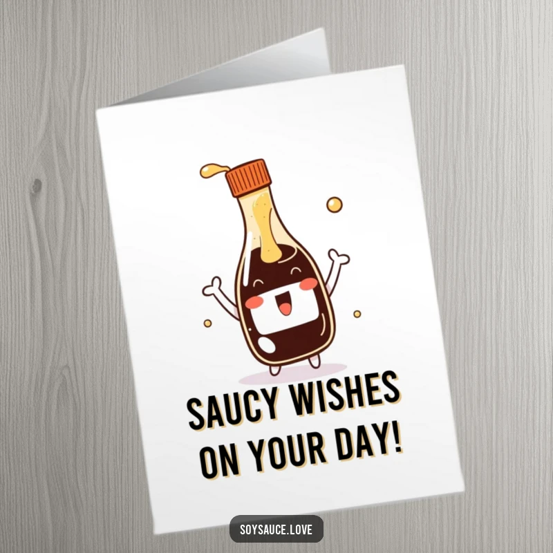 Funny Free Printable Birthday Card featuring a kawaii soy sauce bottle enthusiastically splashing, perfect for a birthday wish.