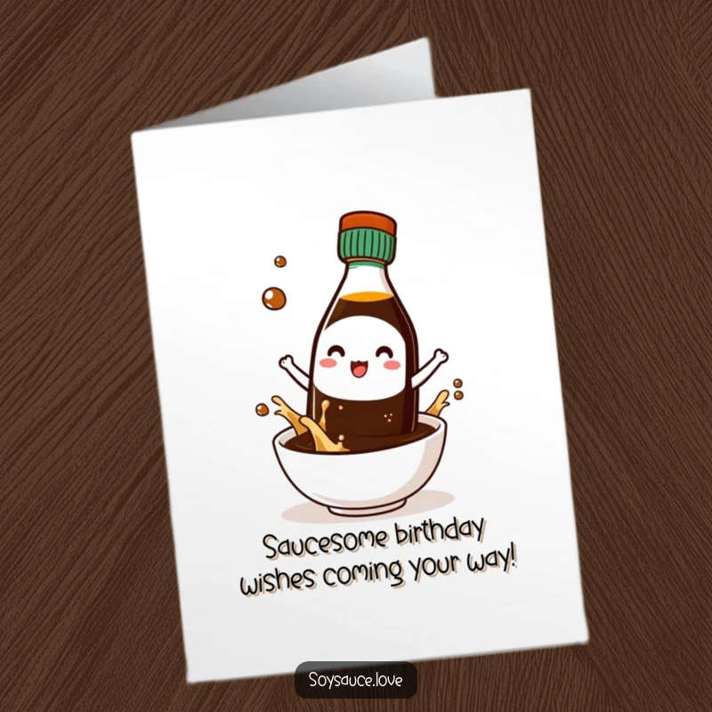 Funny Free Printable Birthday Card featuring a happy Kawaii soy sauce bottle character splashing into a tiny bowl, spreading cheer.