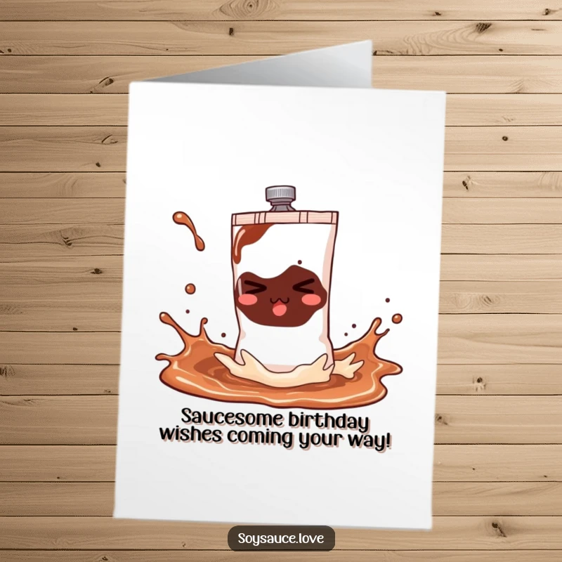 Funny Free Printable Birthday Card: A naughty soy sauce sachet gleefully splashes liquid, spreading cheer and laughter.
