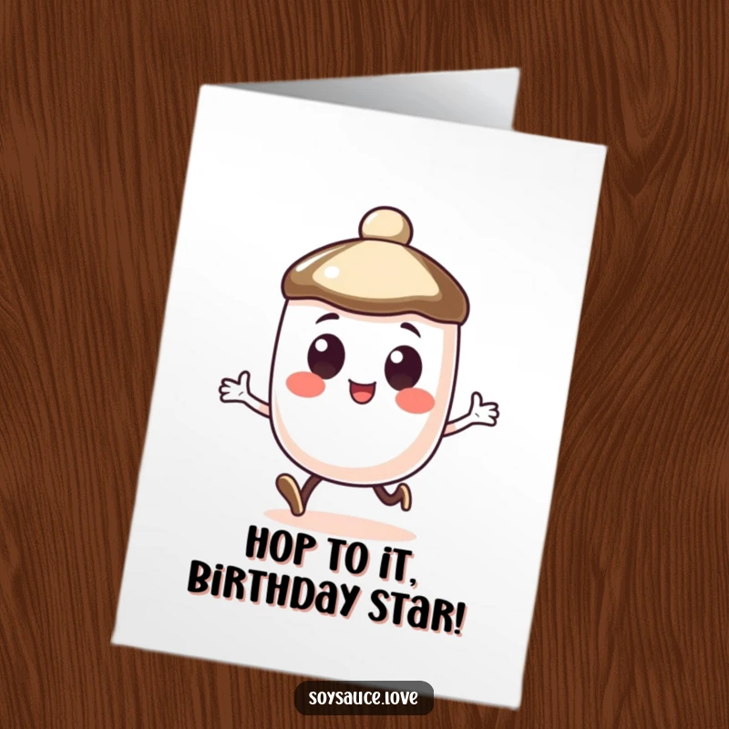 Funny Free Printable Birthday Card: An anthropomorphic soy sauce cap with big, happy eyes performing a cute little jump.