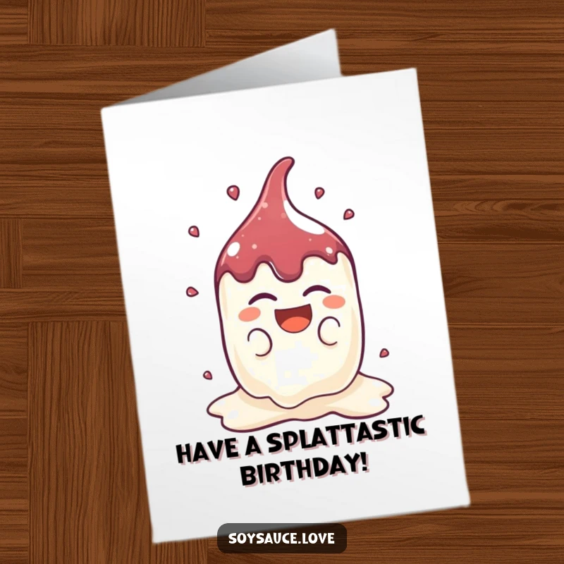 Funny Free Printable Birthday Card: A kawaii soy sauce splat character laughing heartily, spreading birthday cheer.