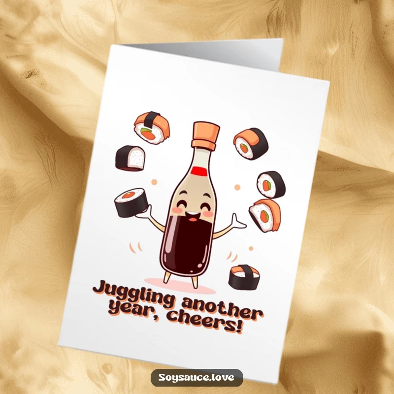 Funny Free Printable Birthday Card: A smiling soy sauce bottle expertly juggles various pieces of sushi with delight.