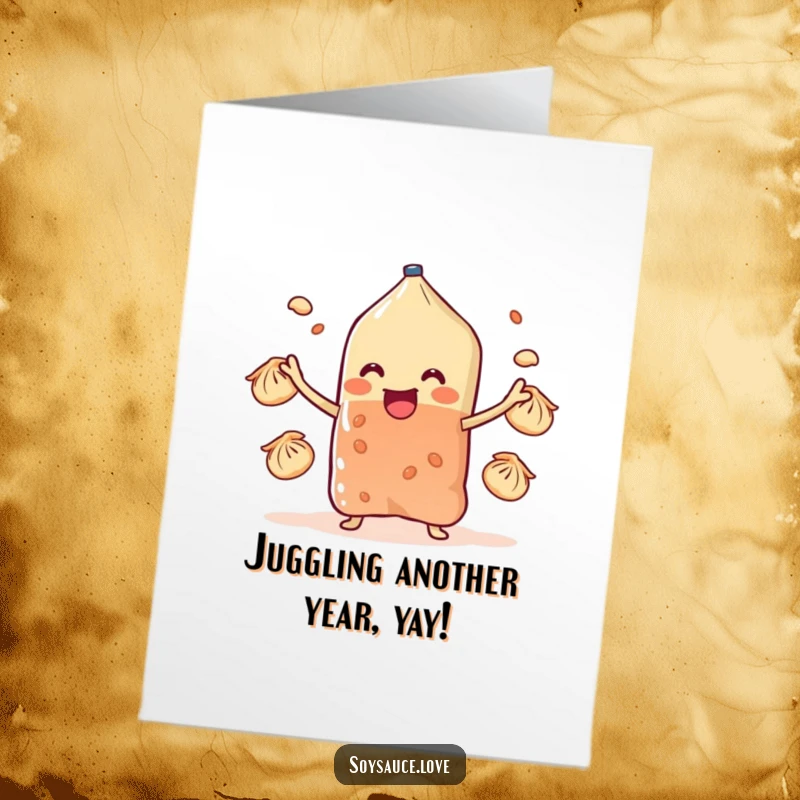 Funny Free Printable Birthday Card: A soy sauce sachet comically juggling small, round dumplings with its tiny arms.