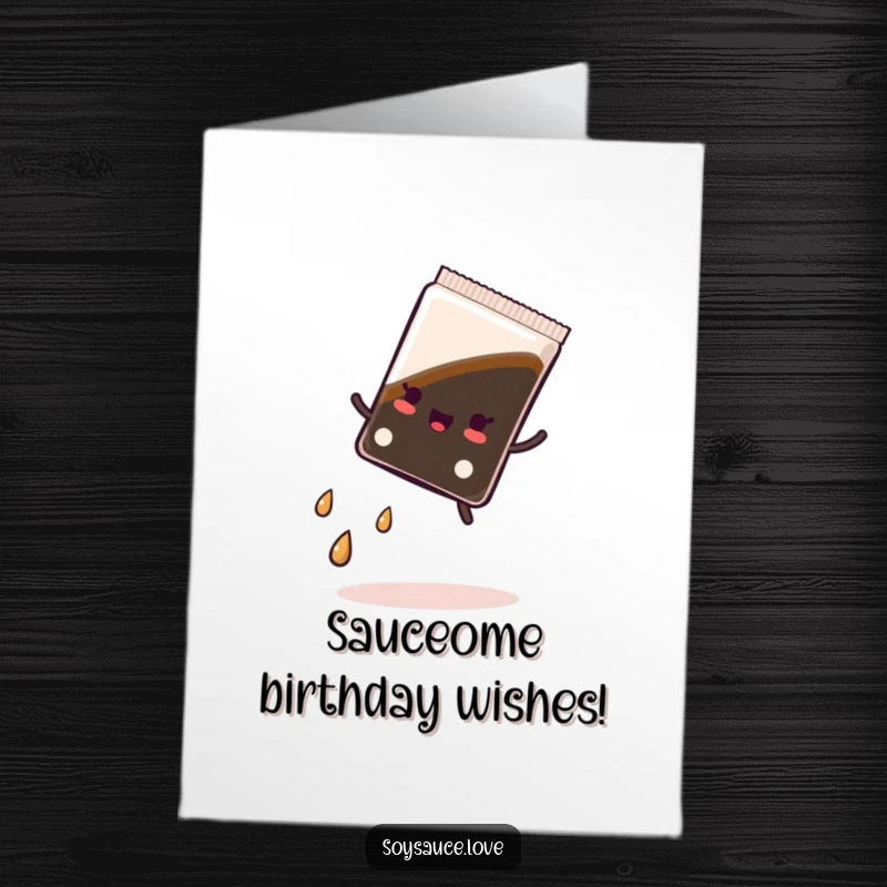 Funny Free Printable Birthday Card: Kawaii soy sauce packet doing a cartwheel, leaving a trail of tiny droplets, celebrating joyfully.