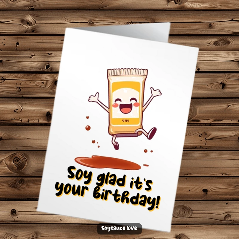 Funny Free Printable Birthday Card: Anthropomorphic soy sauce packet doing a joyful cartwheel, a tiny splash flies.