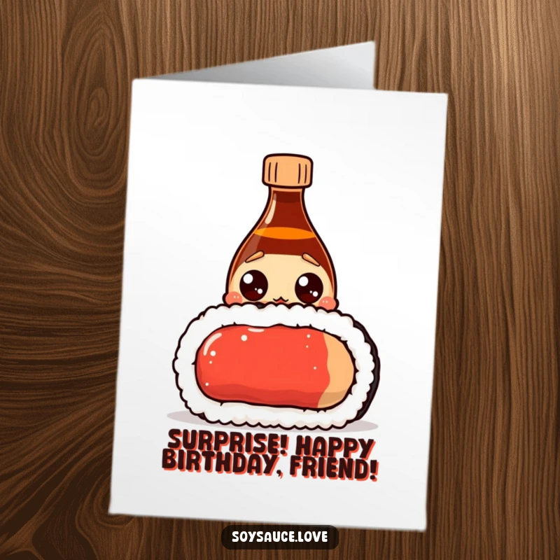 Funny Free Printable Birthday Card: A surprised soy sauce bottle with wide eyes peeking over a massive sushi roll for a birthday.