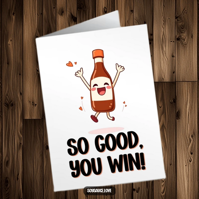 Funny Free Printable Congratulations Card: A happy soy sauce bottle performs a celebratory jump, dripping with joy and excitement.