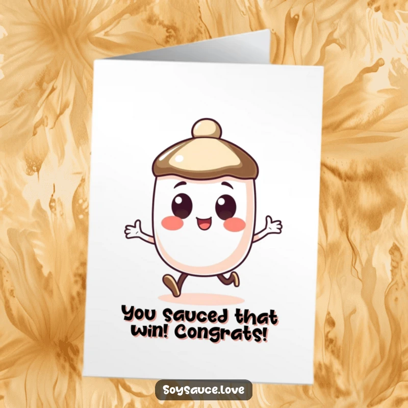 Funny Free Printable Congratulations Card: A happy anthropomorphic soy sauce cap with wide, joyful eyes, caught in a playful hop.