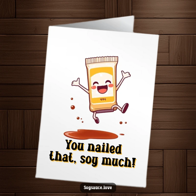 Funny Free Printable Congrats Card: A soy sauce packet in mid-cartwheel, with a tiny splatter effect.