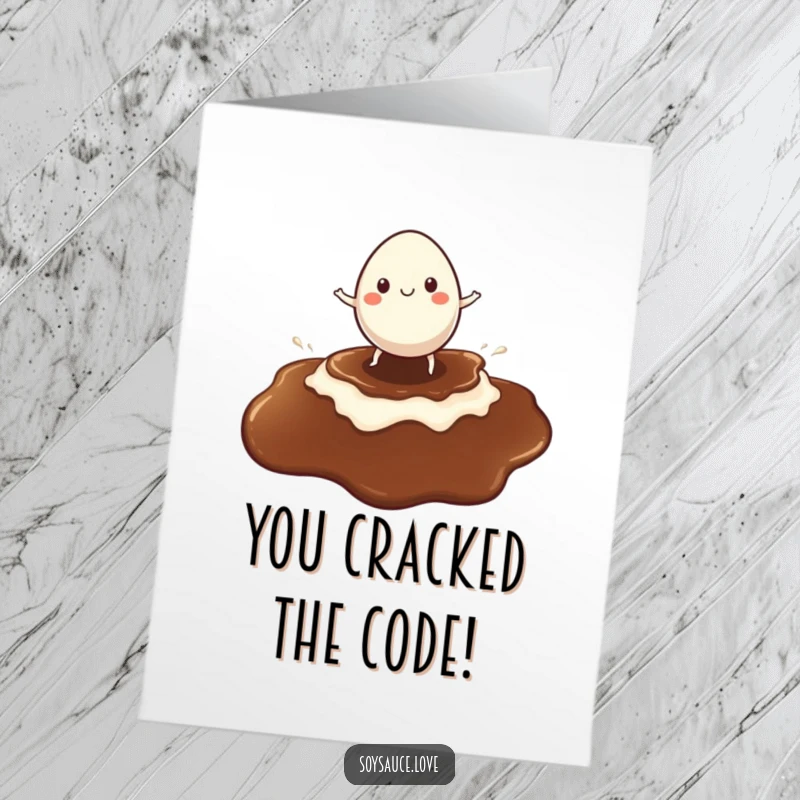 Funny Free Printable Congratulations Card: a cheerful egg character expertly surfs a giant soy sauce puddle, celebrating a big win.