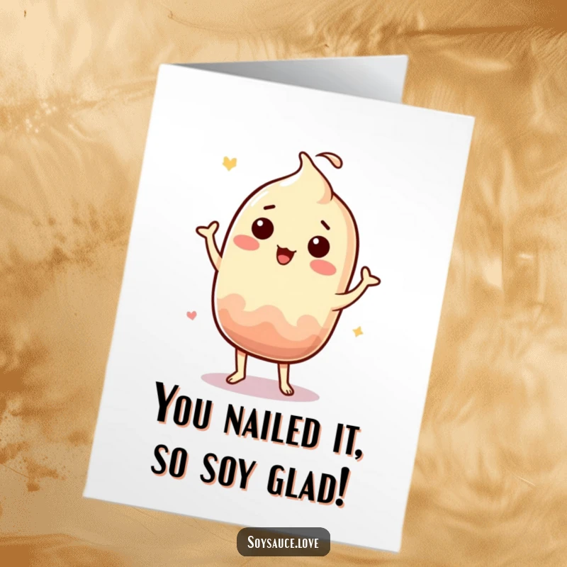 Funny Free Printable Congrats Card: Kawaii soy sauce character enthusiastically doing a silly jig, embodying pure celebration and fun.