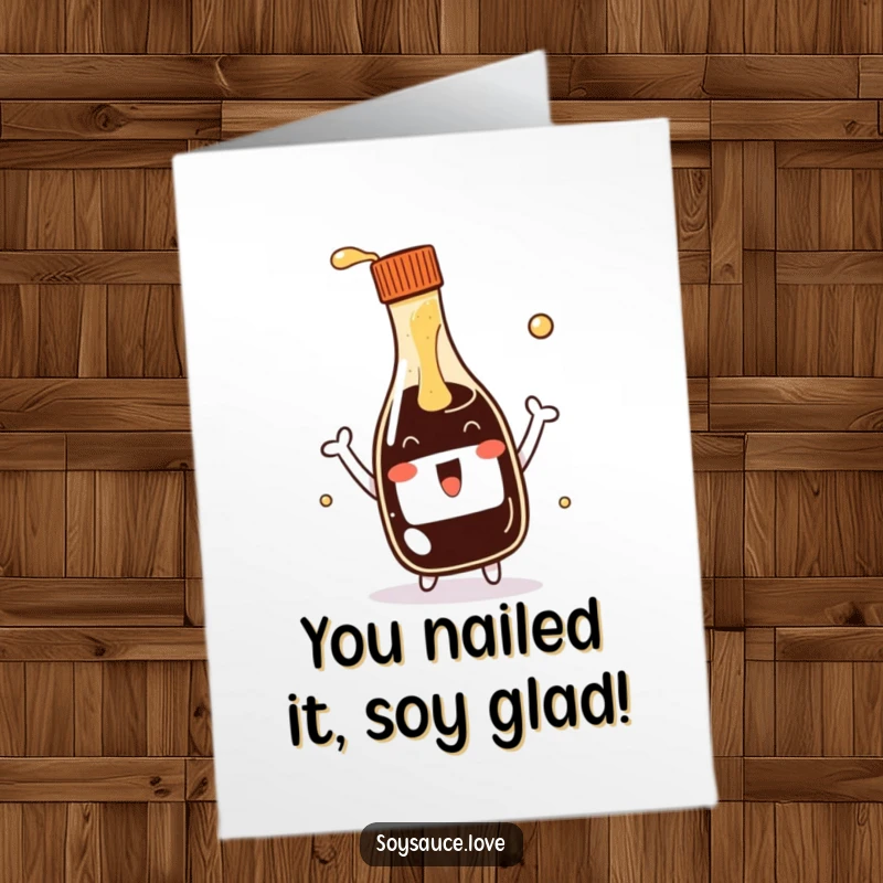 Funny Free Printable Congratulations Card: a happy kawaii soy sauce bottle splashing to celebrate success, a unique downloadable.