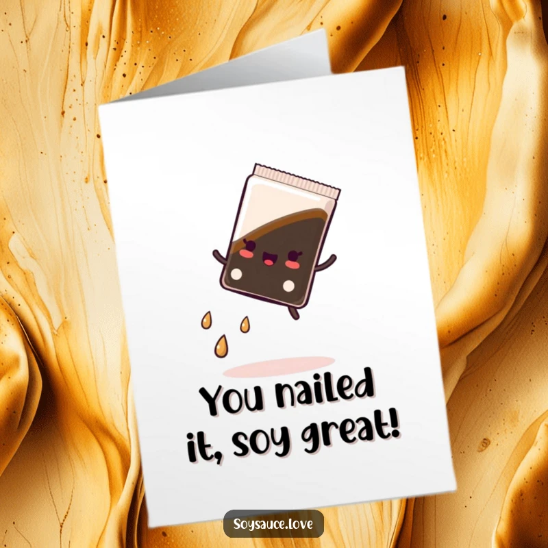 Funny Free Printable Congrats Card: A cheerful kawaii soy sauce packet performing a cartwheel with excitement, perfect for celebrations.