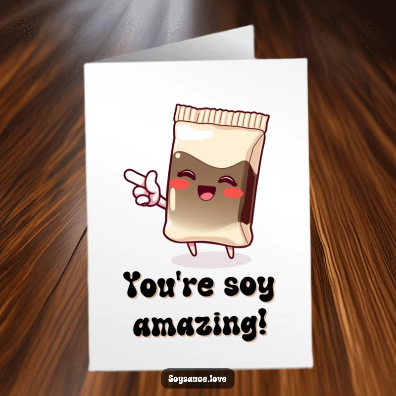 Funny Free Printable Congrats Card: A gleeful kawaii soy sauce packet pointing with flair, celebrating success with infectious giggles.