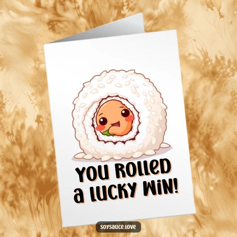 Funny Free Printable Congratulations Card featuring a sneaky sushi roll peeking out, celebrating a win with playful intent.