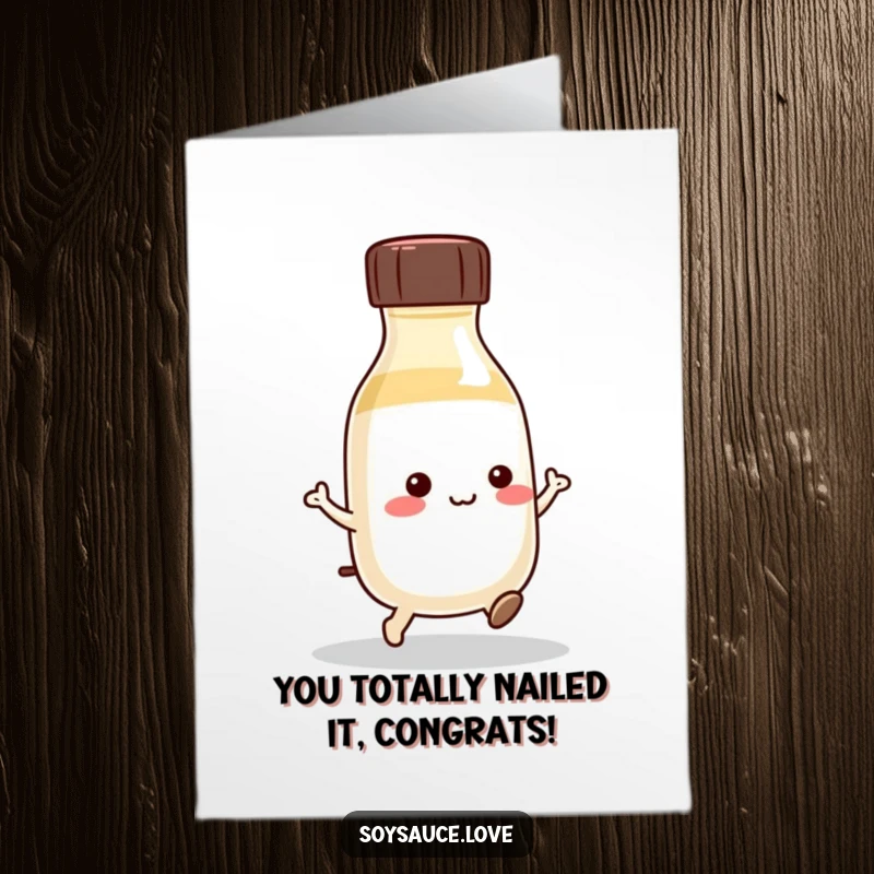 Funny Free Printable Congrats Card: A kawaii soy sauce bottle doing a little hop, celebrating a big win.