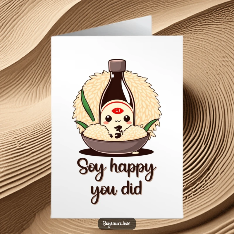 Funny Free Printable Thank You Card of a Kawaii soy sauce bottle character peeking out from behind a massive grain of rice.