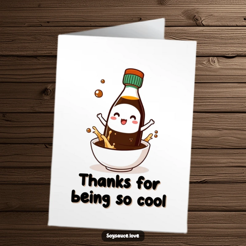 Funny Free Printable Thank You Card featuring a stylish Kawaii soy sauce bottle character wearing tiny sunglasses, looking incredibly cool.