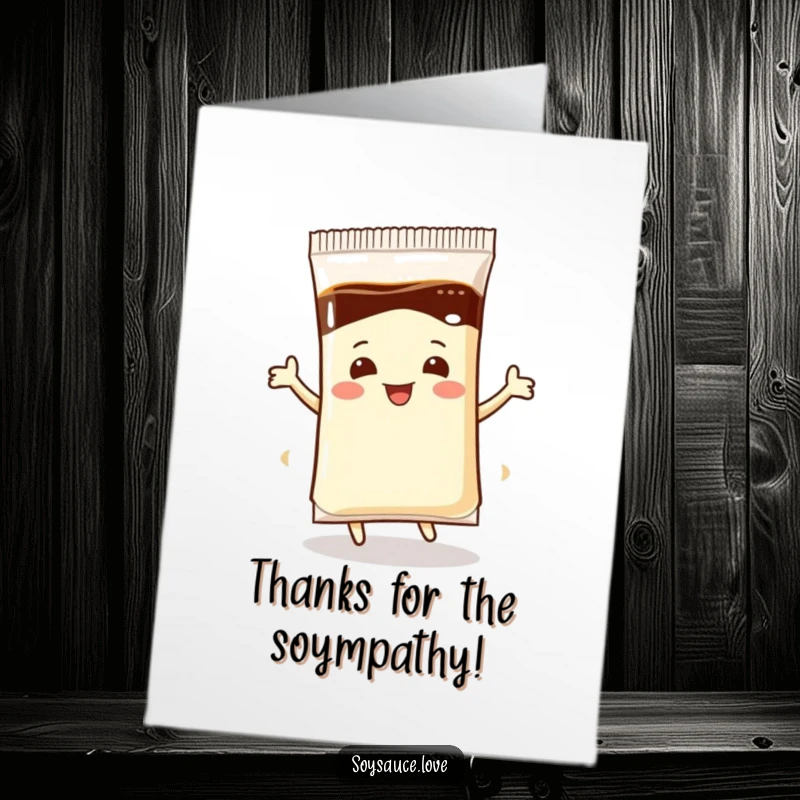 Funny Free Printable Thank You Card: An ecstatic soy sauce packet is depicted mid-dance, expressing gratitude.