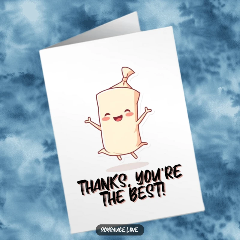 Funny Free Printable Thank You Card featuring a smiling wonton wrapper character doing a joyful twirl, expressing thanks humorously.