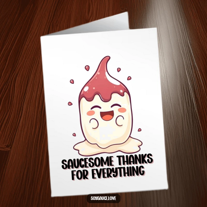Funny Free Printable Thank You Card: A kawaii soy sauce splat character laughing heartily, expressing sincere thanks.