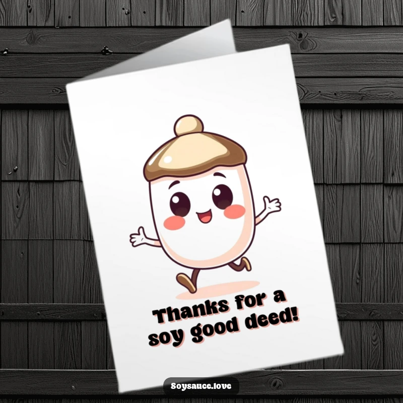 Funny Free Printable Thank You Card: A cute anthropomorphic soy sauce cap with enormous happy eyes, doing a small, cheerful hop.