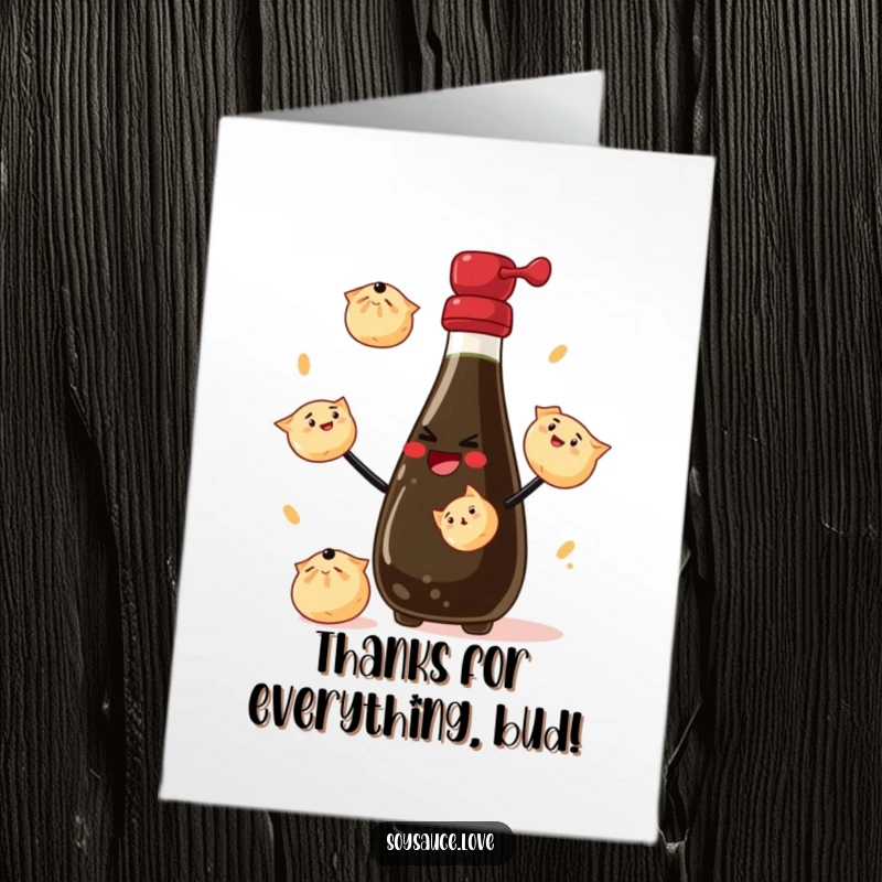 Funny Free Printable Thank You Card: A cheerful soy sauce bottle juggles miniature dumplings, conveying thanks with a big smile.