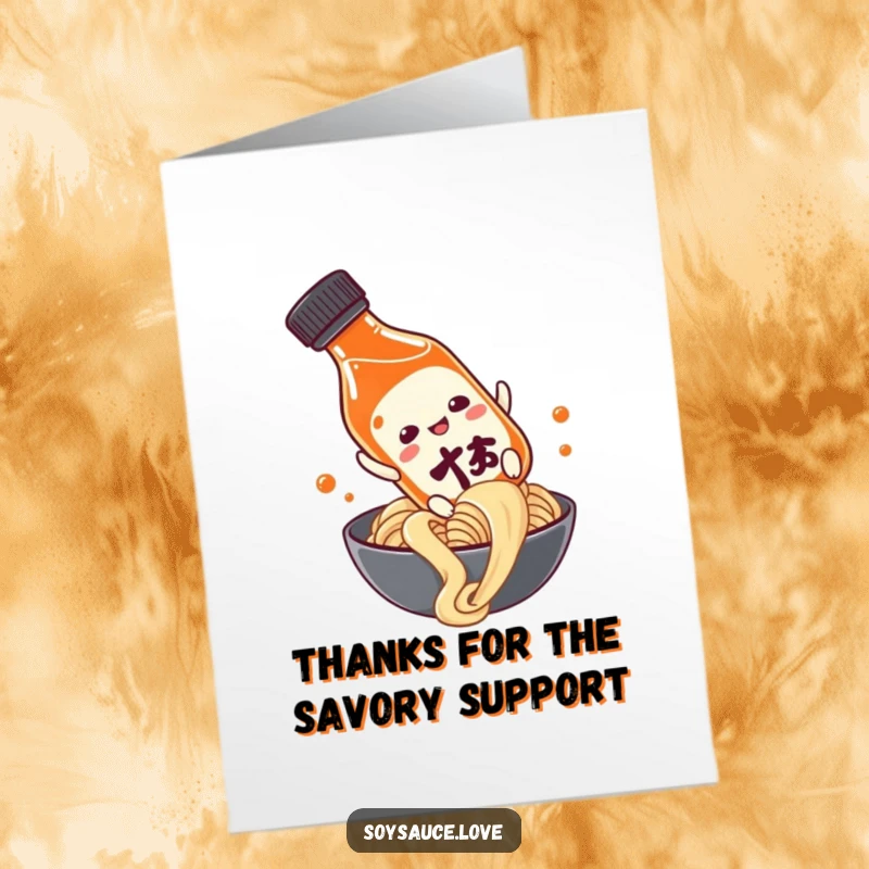 Funny Free Printable Thank You Card: A soy sauce bottle gleefully sliding down a noodle, conveying heartfelt thanks.