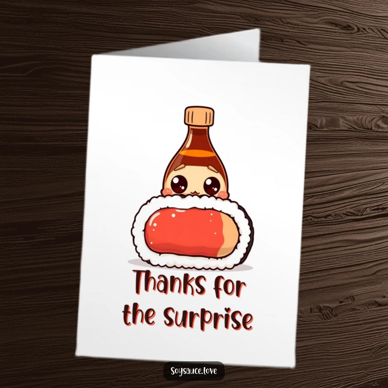 Funny Free Printable Thank You Card: A surprised soy sauce bottle with wide eyes peeking over a giant sushi roll, offering thanks.