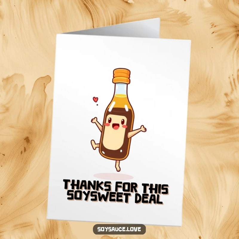Funny Free Printable Thank You Card: A tiny soy sauce bottle character is in mid-cartwheel, sending thanks.