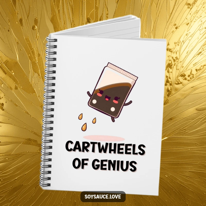 Funny notebook with a kawaii soy sauce packet doing a cartwheel, with tiny droplets following, inspiring creative thoughts with humor.