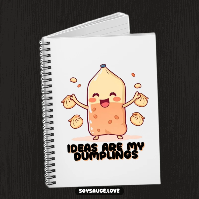 Funny soy sauce sachet character juggling tiny dumplings with stubby arms, depicted on a notebook cover for humorous note-taking.