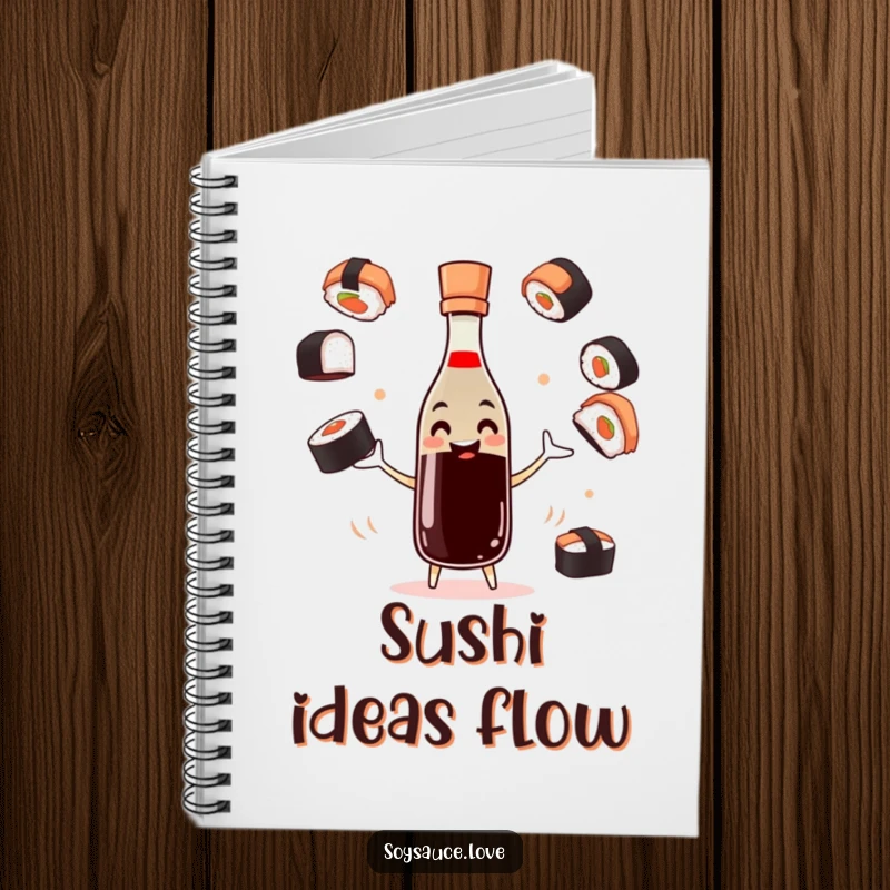 Funny soy sauce notebook with a smiling bottle character juggling sushi pieces on the cover.