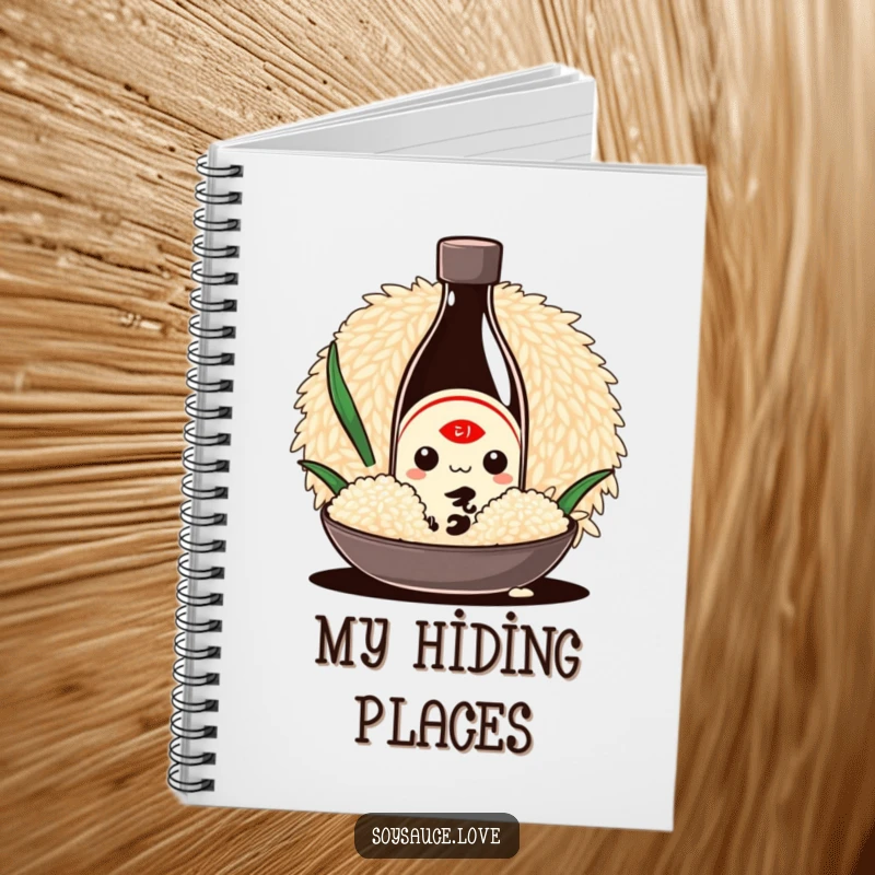 Funny Kawaii notebook with a shy soy sauce bottle character hiding behind a grain of rice, perfect for jotting down foodie thoughts with charm.