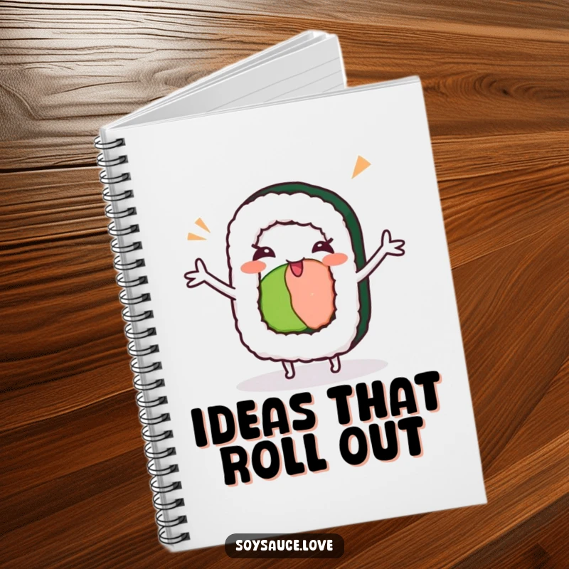 Funny kawaii sushi roll with arms outstretched, doing a silly dance and winking, joyful and humorous notebook.
